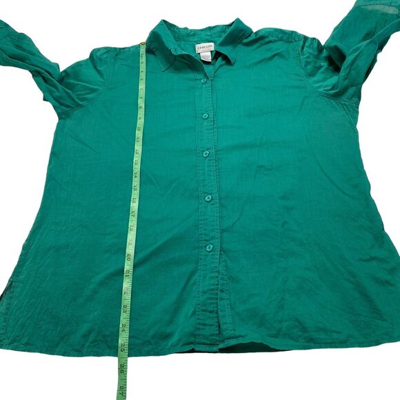 CHICOS Emerald Green 100% Cotton Roll Tab Button Up Shirt Size Large (2) Collar - Picture 9 of 10